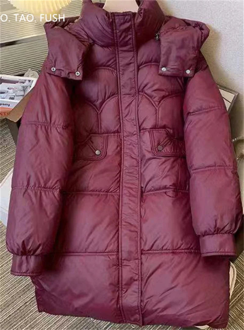 Mid-Long Down Cotton Jacket Women Korean Loose Puffer Coat 2023 New Thicken Warm Padded Parkas Hooded Manteau Femme Hiver 3XL