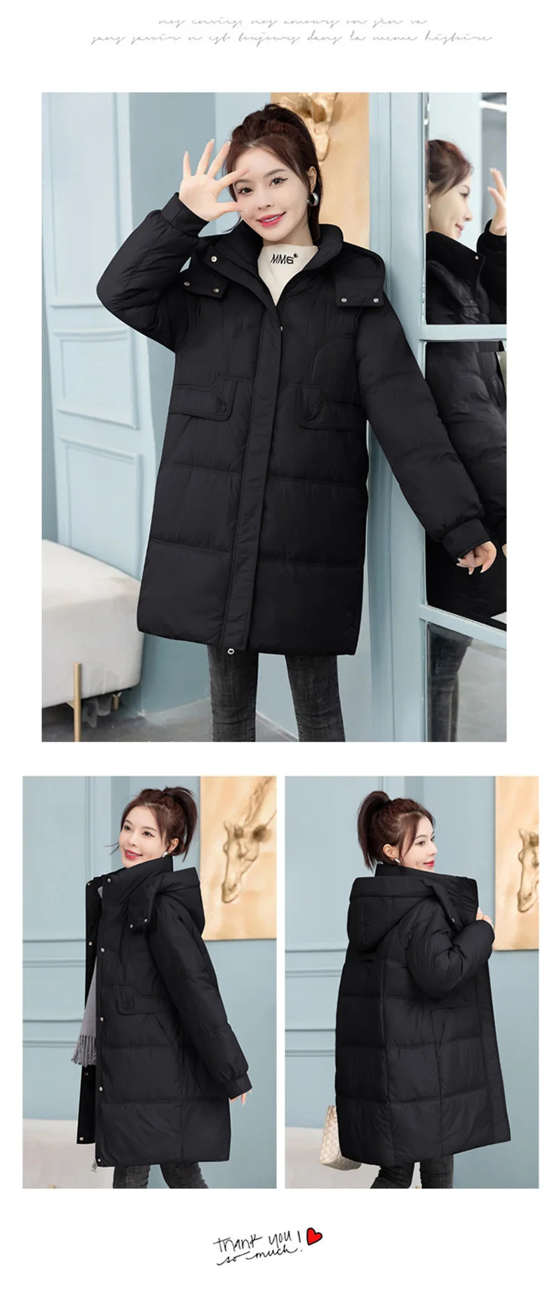 Mid-Long Down Cotton Jacket Women Korean Loose Puffer Coat 2023 New Thicken Warm Padded Parkas Hooded Manteau Femme Hiver 3XL