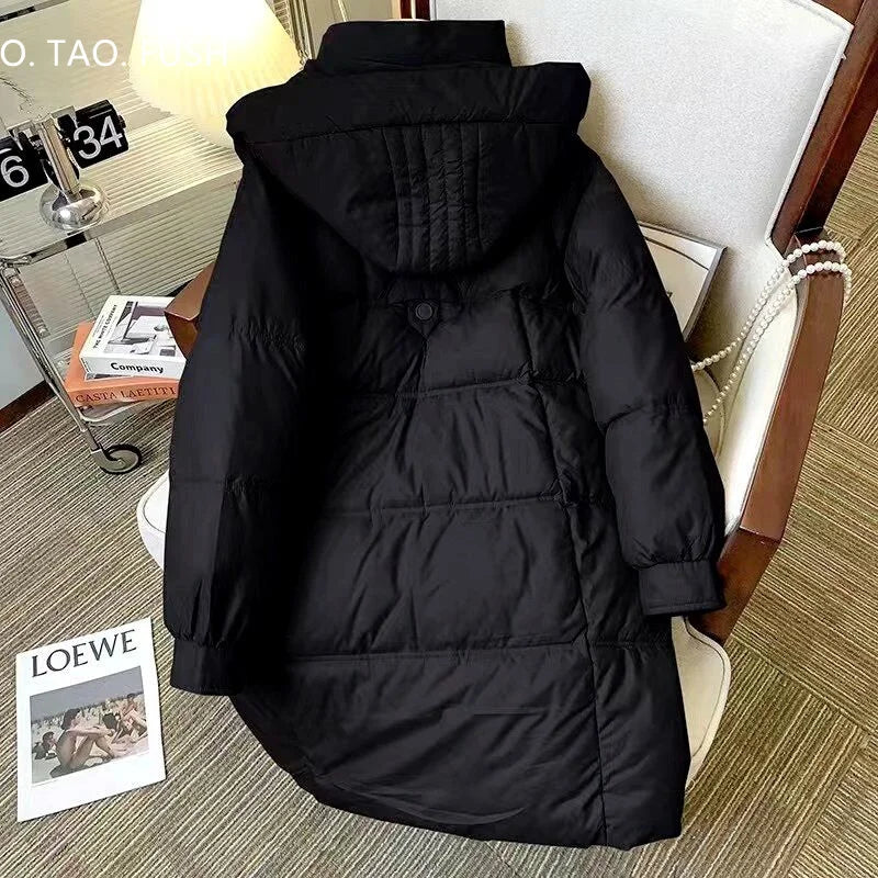 Mid-Long Down Cotton Jacket Women Korean Loose Puffer Coat 2023 New Thicken Warm Padded Parkas Hooded Manteau Femme Hiver 3XL