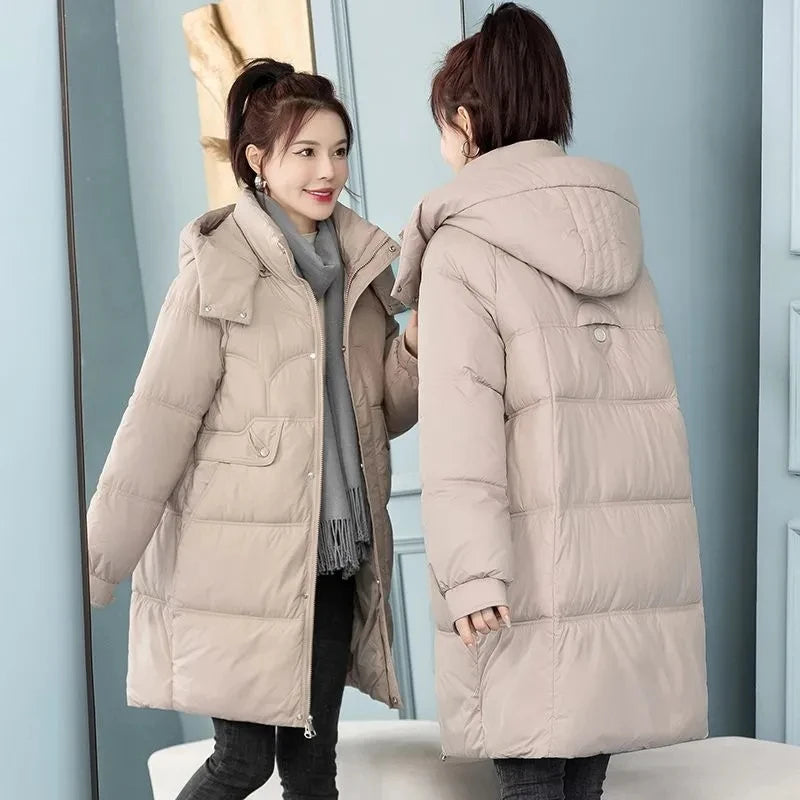 Mid-Long Down Cotton Jacket Women Korean Loose Puffer Coat 2023 New Thicken Warm Padded Parkas Hooded Manteau Femme Hiver 3XL